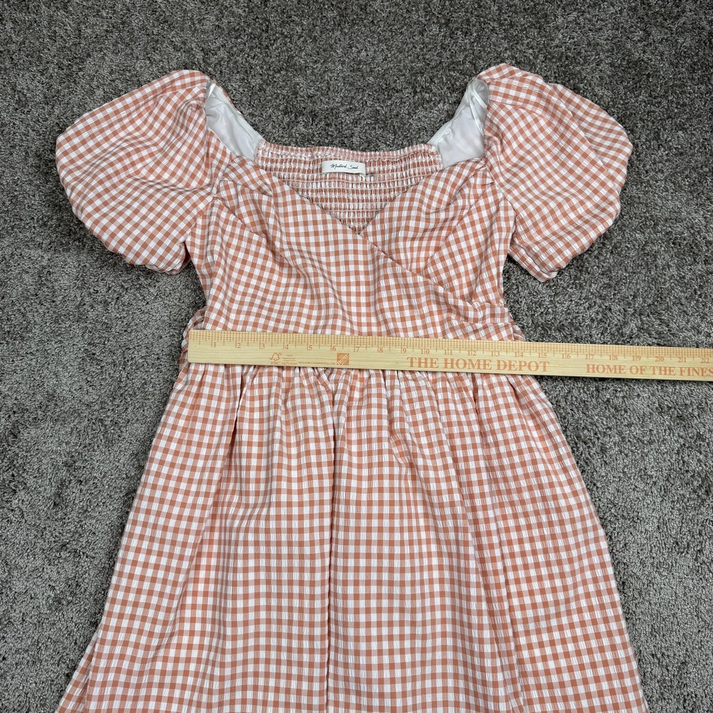 Mustard Seed Womens Dress M Pink Gingham Puff Sleeve Cottagecore Milkmaid Ruched - Picture 5 of 13